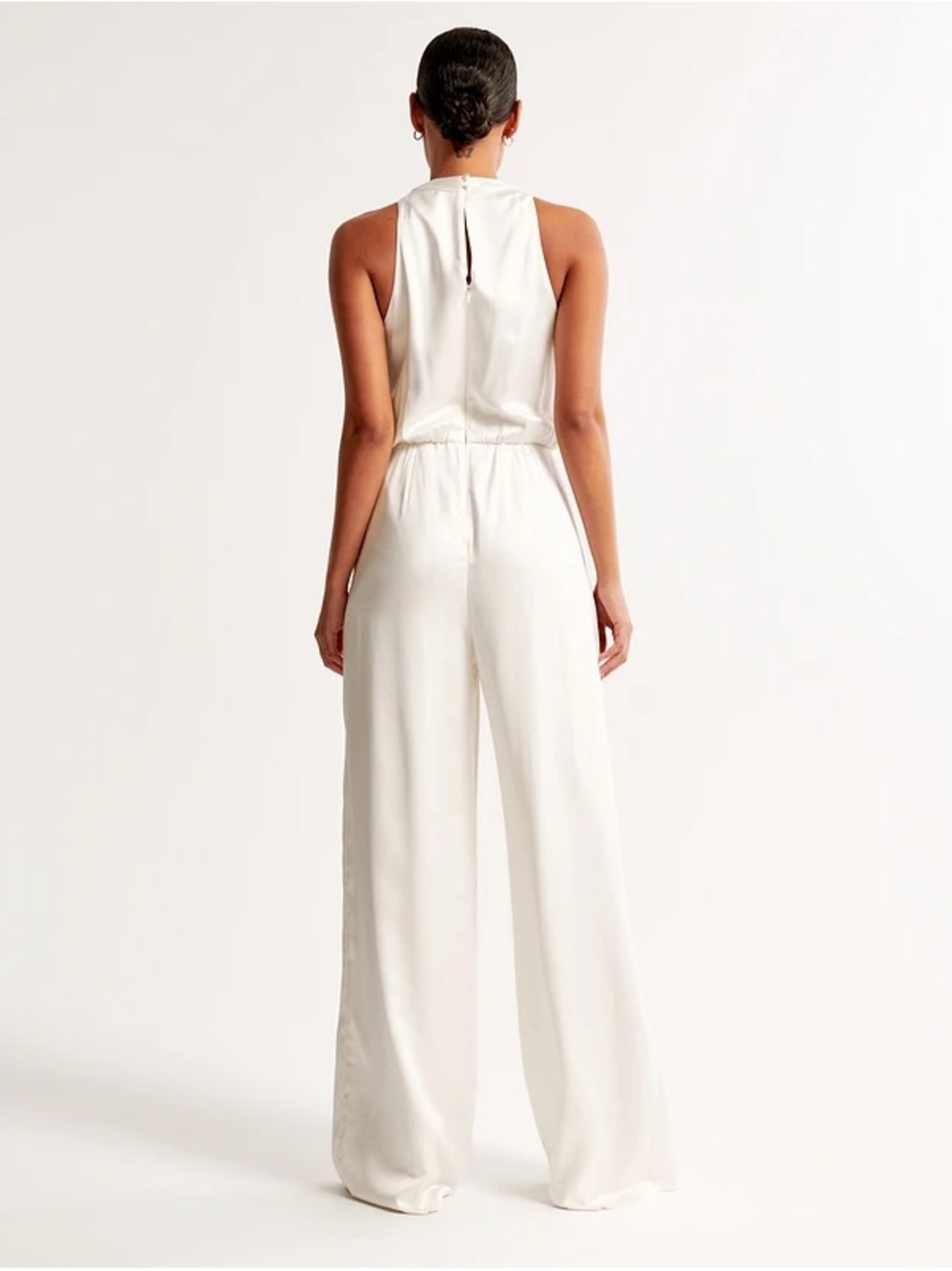 $120 NWT Abercrombie & Fitch high-neck Ivory Wide Pant Satin Jumpsuit - Picture 3 of 9